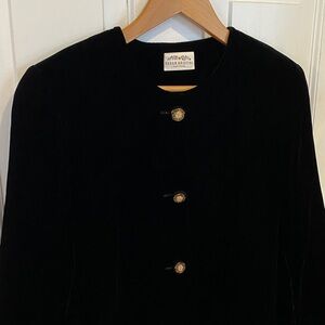 Susan Bristol Velvet black women’s jacket blazer gold pearl buttons elegant